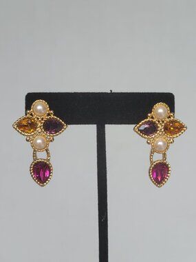 Monet Mughal Style Jewels of India 1980s Crystals Faux Pearl Teardrop Earrings